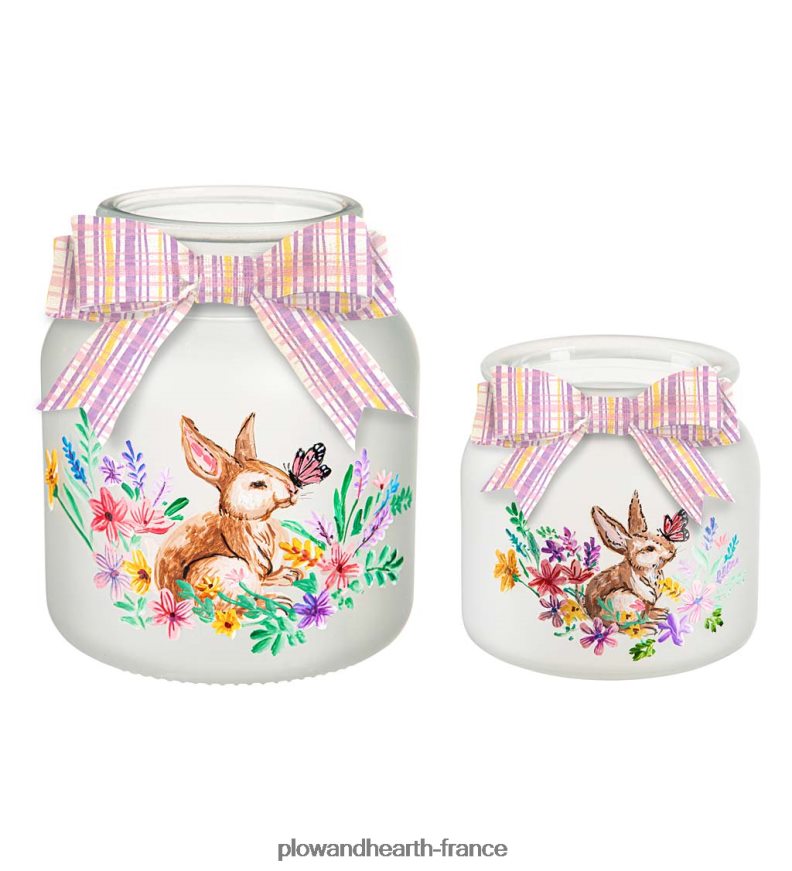 pot en verre éclairé avec scène de lapin printanier, lot de 2 Plow & Hearth 8642F62395 articles ménagers