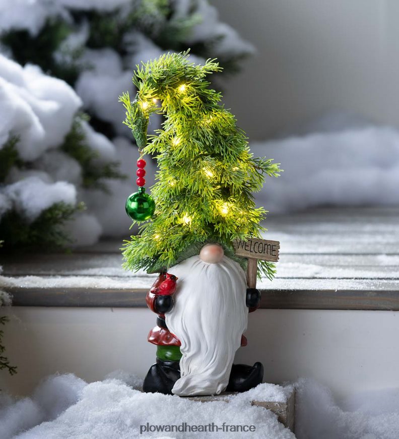 Nain de jardin d'arbre de Noël éclairé de vacances avec panneau de bienvenue Plow & Hearth 8642F61692 articles ménagers