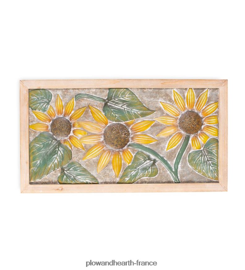 décoration murale en métal gaufré tournesol avec cadre en bois Plow & Hearth 8642F62344 articles ménagers
