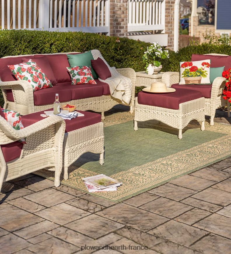 Prospect Hill Outdoor Wicker Deep Seat Ottoman avec coussin - Bois flotté avec coussin vert forêt Plow & Hearth 8642F61112 articles ménagers