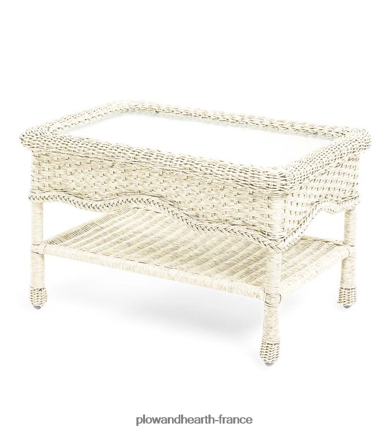 Table basse en osier Prospect Hill avec plateau en verre - blanc nuage Plow & Hearth 8642F61135 articles ménagers