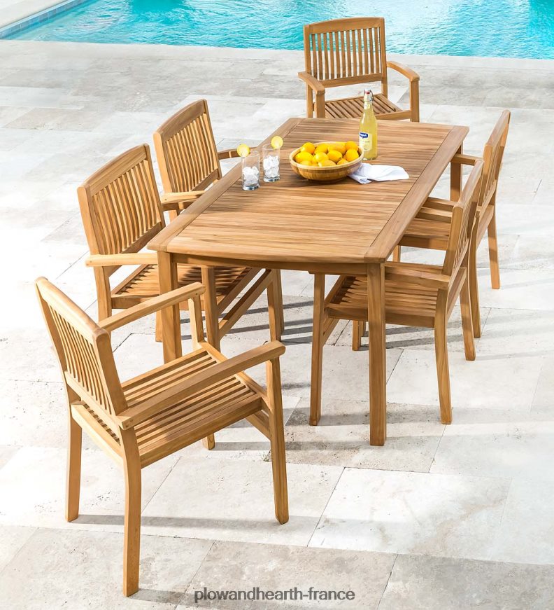 ensemble de salle à manger en teck, ensemble 7 pièces Plow & Hearth 8642F61103 articles ménagers