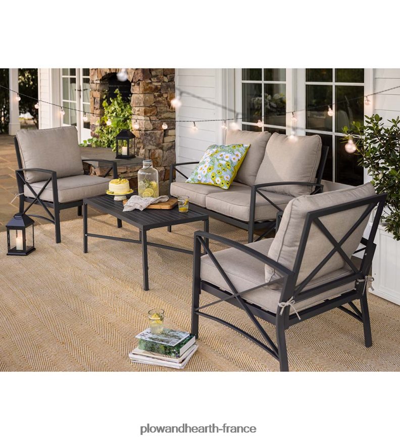 sièges de patio extérieurs en fonte d'aluminium arlington avec coussins, ensemble de 4 pièces Plow & Hearth 8642F61140 articles ménagers