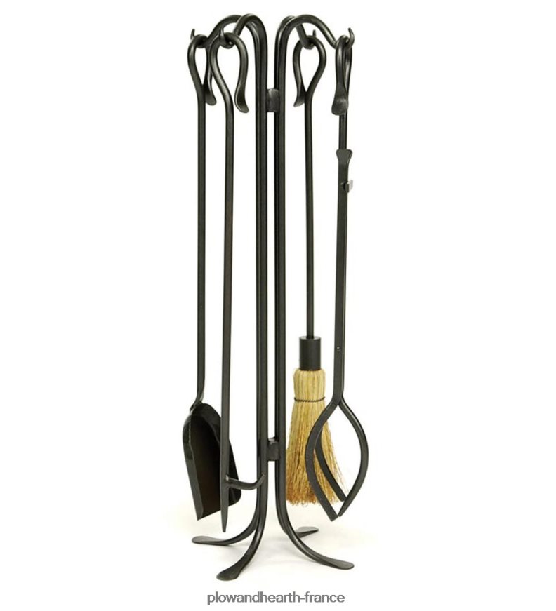 Ensemble d'ustensiles de cheminée avec crochets en fer forgé, 5 pièces, finition thermolaquée - graphite Plow & Hearth 8642F62729 cheminée