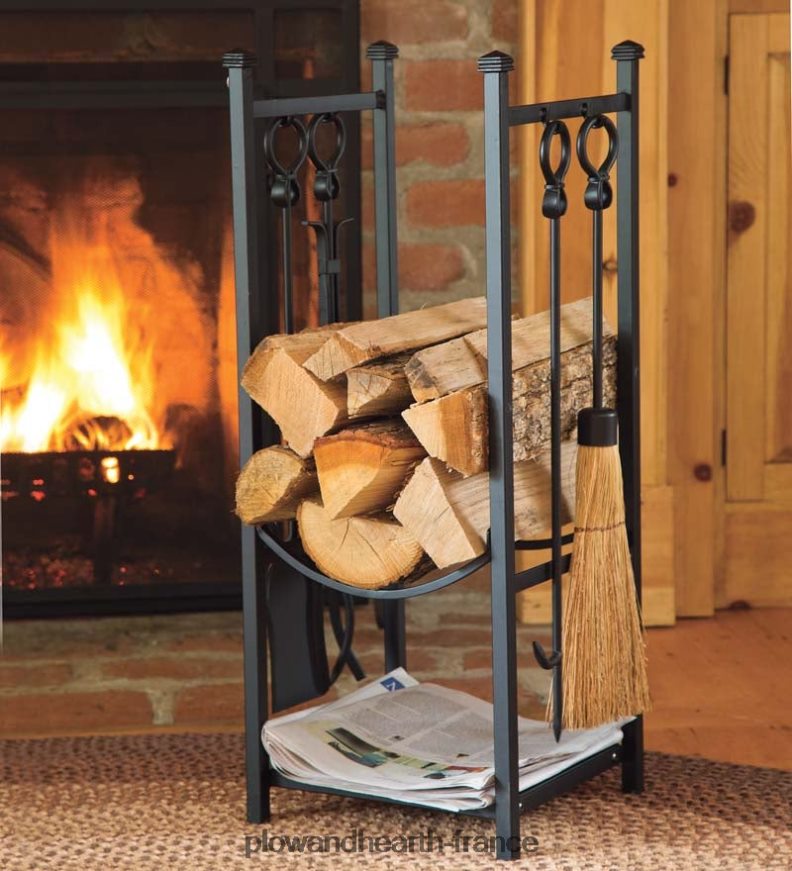 support à bois avec outils de cheminée - noir Plow & Hearth 8642F62721 cheminée