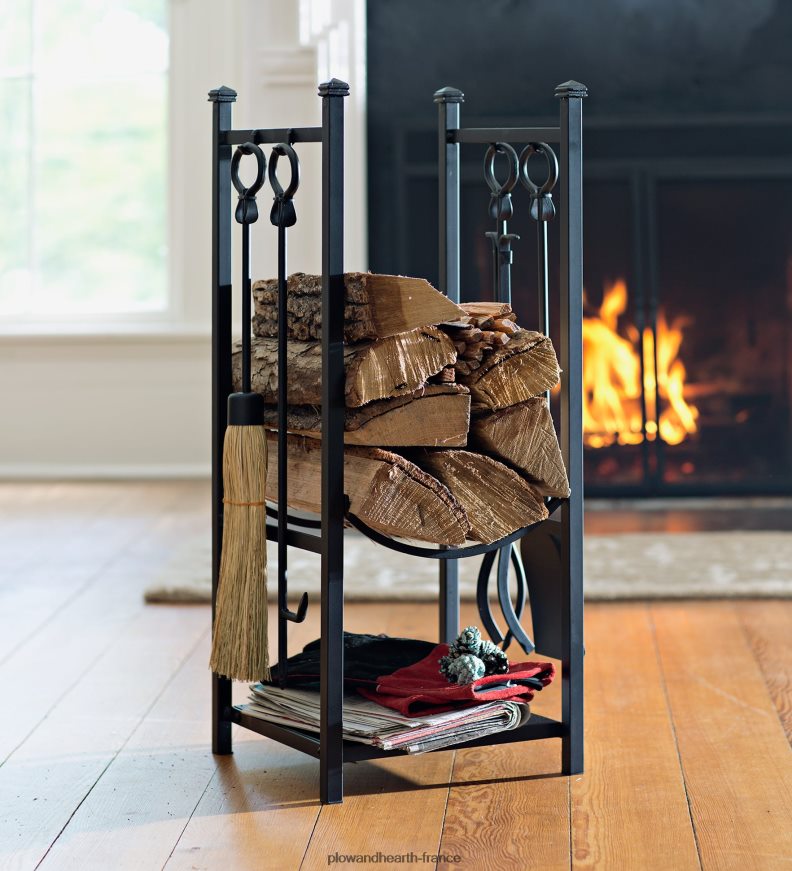support à bois avec outils de cheminée - noir Plow & Hearth 8642F62721 cheminée