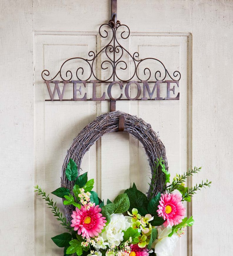 porte-couronne de bienvenue à fleur de lys en cuivre métallisé Plow & Hearth 8642F6336 cour et jardin