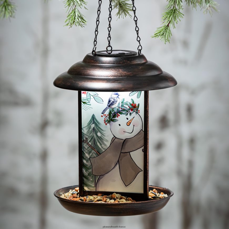 Mangeoire solaire en forme de bonhomme de neige en verre et métal Plow & Hearth 8642F6454 cour et jardin