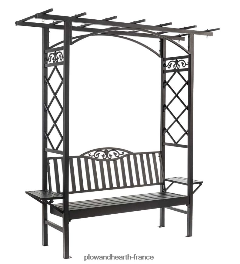 Pergola à banc tonnelle en fonte d'aluminium avec tables d'appoint - noir Plow & Hearth 8642F6496 cour et jardin