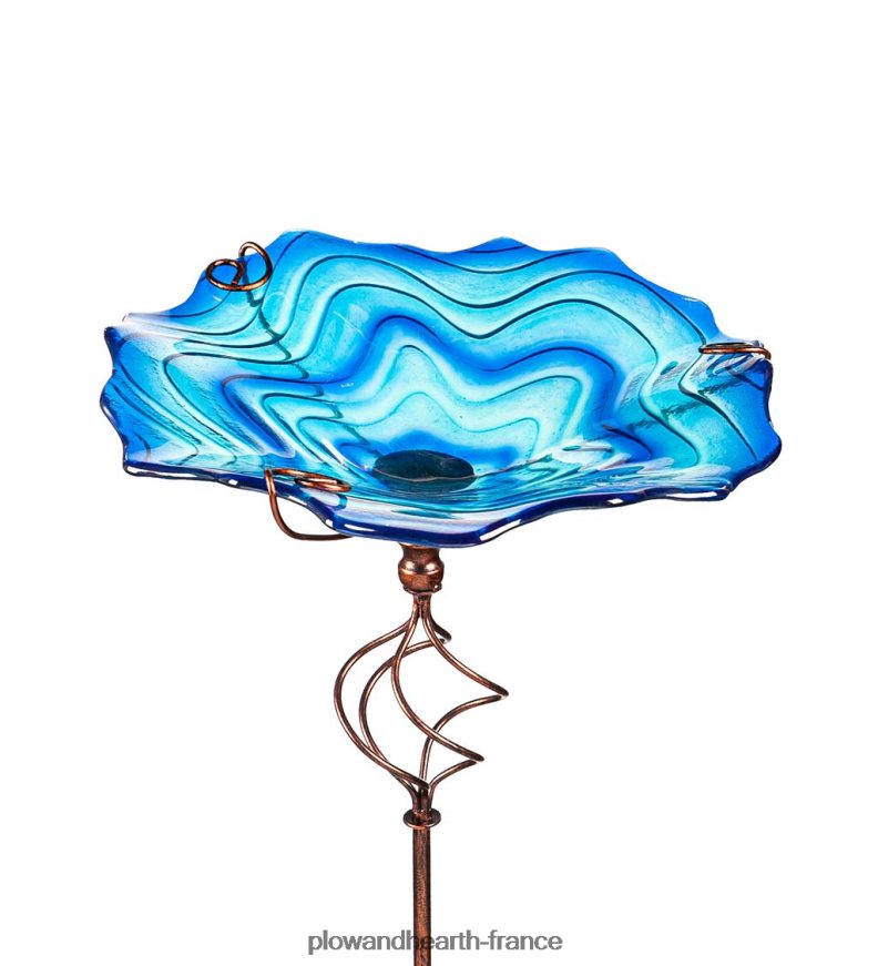 Bain d'oiseaux en verre tourbillonnant bleu avec piquet de jardin Plow & Hearth 8642F6437 cour et jardin