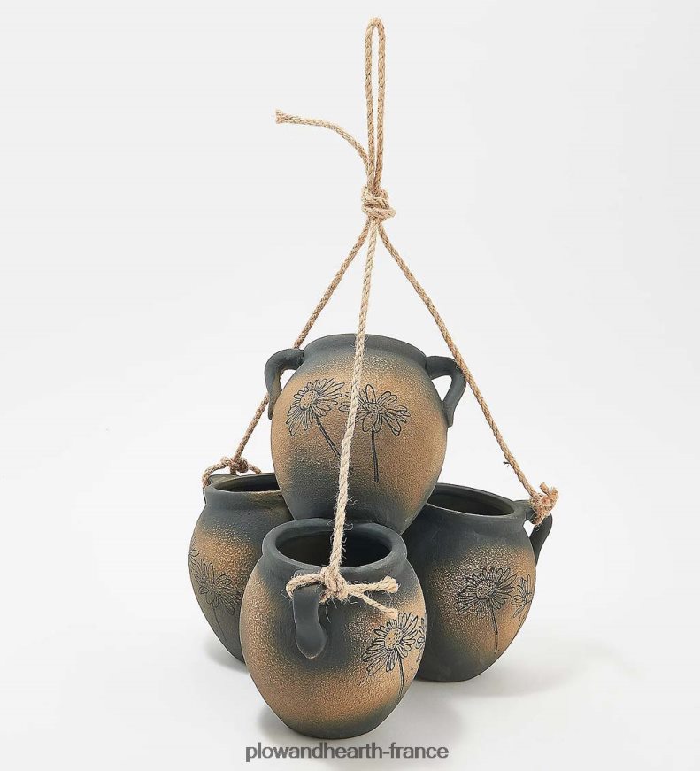 jardinière suspendue à quatre pots vintage - libellules en terre cuite Plow & Hearth 8642F61002 cour et jardin