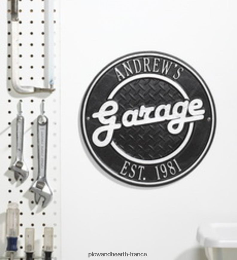enseigne de garage rétro ronde personnalisée en fonte d'aluminium - noire Plow & Hearth 8642F6718 cour et jardin