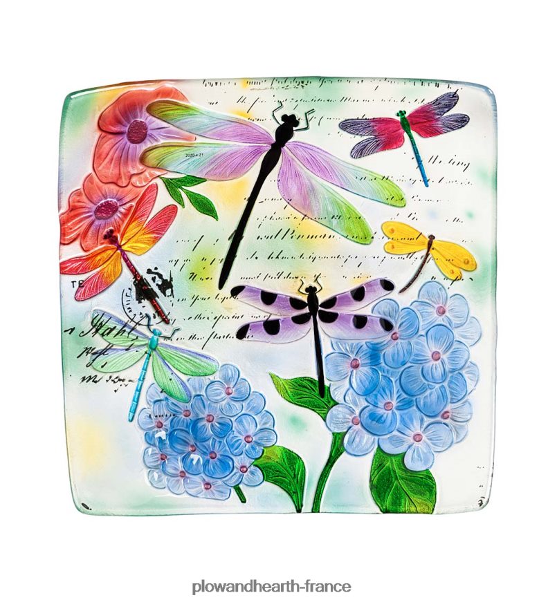 bain d'oiseaux libellule et fleurs en verre carré gaufré peint à la main Plow & Hearth 8642F6843 cour et jardin