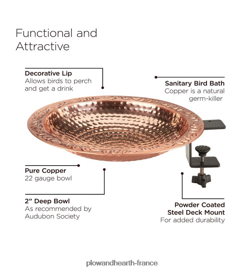 petit bain d'oiseaux en cuivre monté sur terrasse Plow & Hearth 8642F6849 cour et jardin