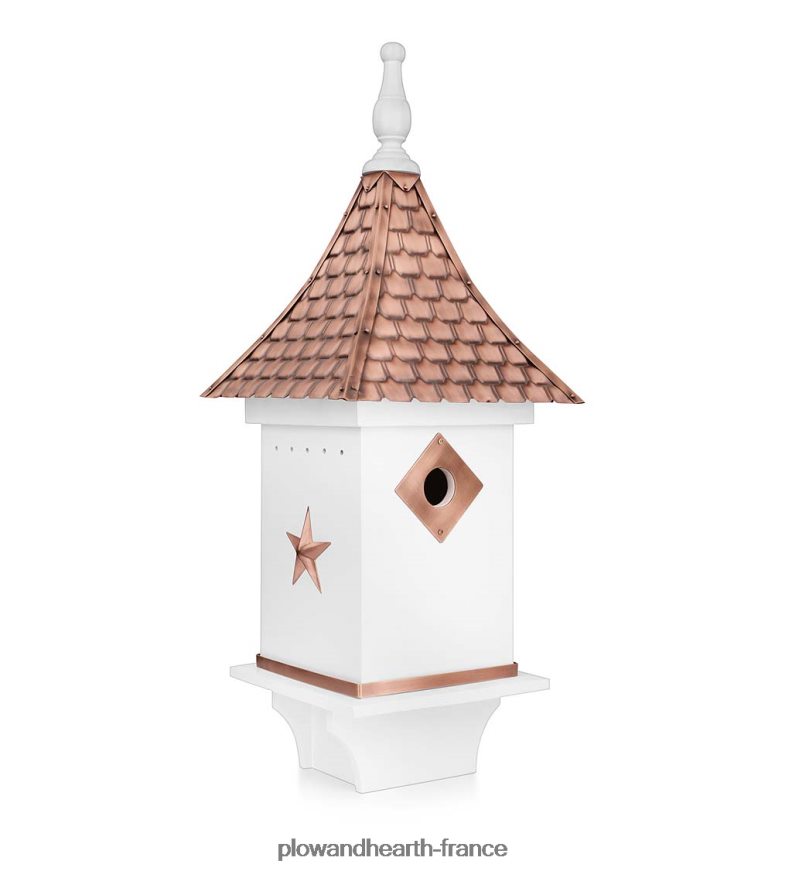 Nichoir blanc de style villa avec toit et accents en cuivre martelé à la main Plow & Hearth 8642F6881 cour et jardin