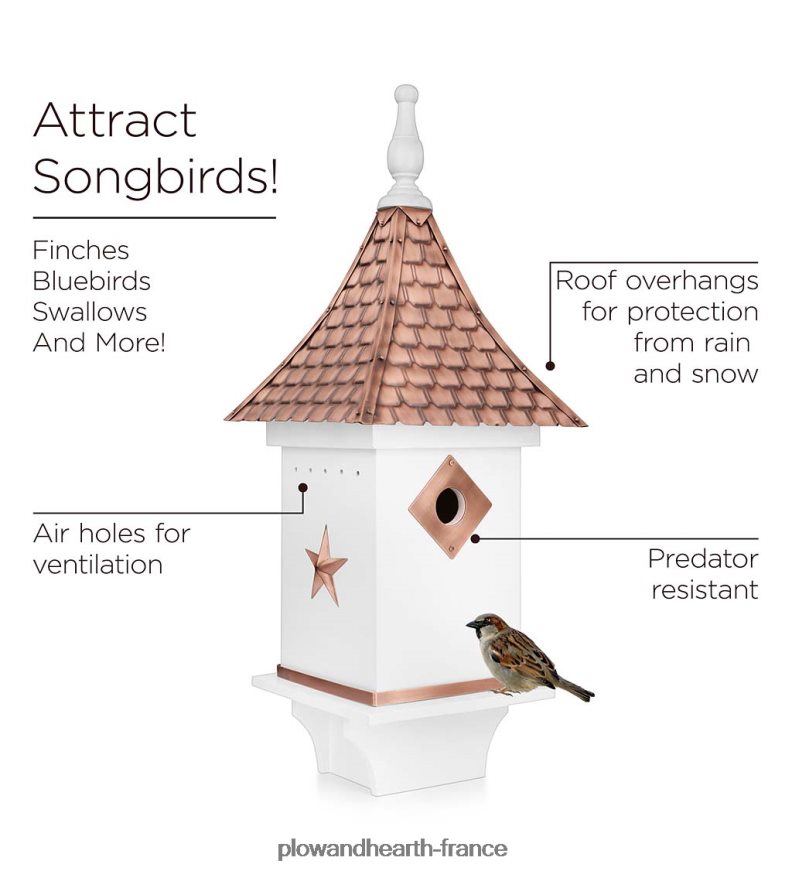 Nichoir blanc de style villa avec toit et accents en cuivre martelé à la main Plow & Hearth 8642F6881 cour et jardin