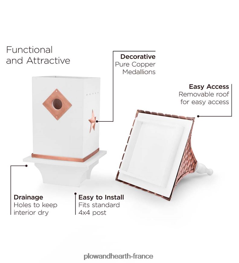 Nichoir blanc de style villa avec toit et accents en cuivre martelé à la main Plow & Hearth 8642F6881 cour et jardin
