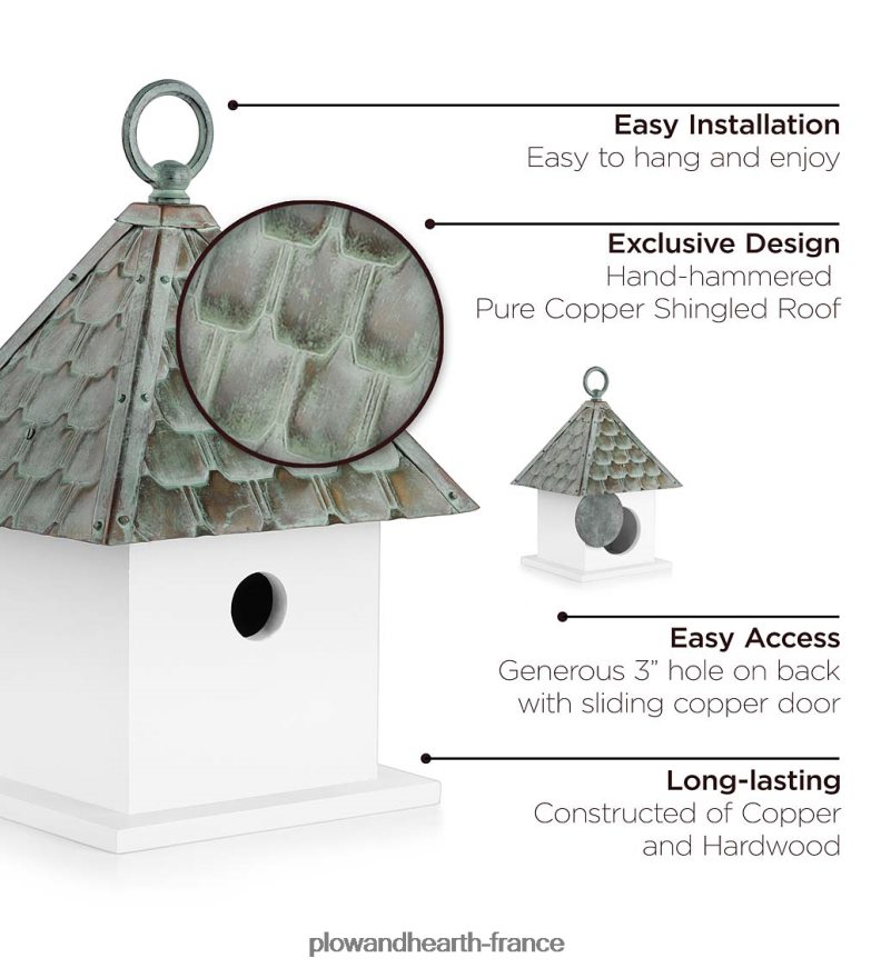 nichoir de bungalow en bois dur avec toit en cuivre vert-de-gris Plow & Hearth 8642F6886 cour et jardin