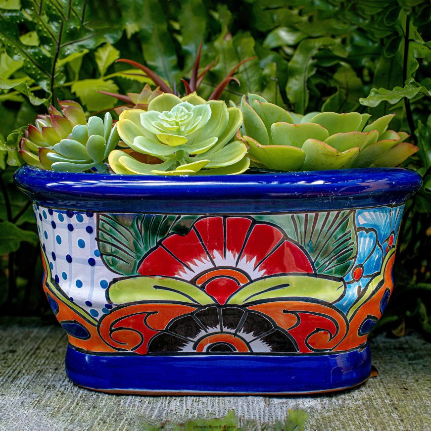 jardinière à rebord talavera blanche et bleu marine Plow & Hearth 8642F6972 cour et jardin