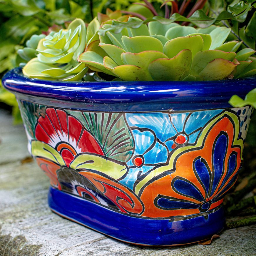 jardinière à rebord talavera blanche et bleu marine Plow & Hearth 8642F6972 cour et jardin
