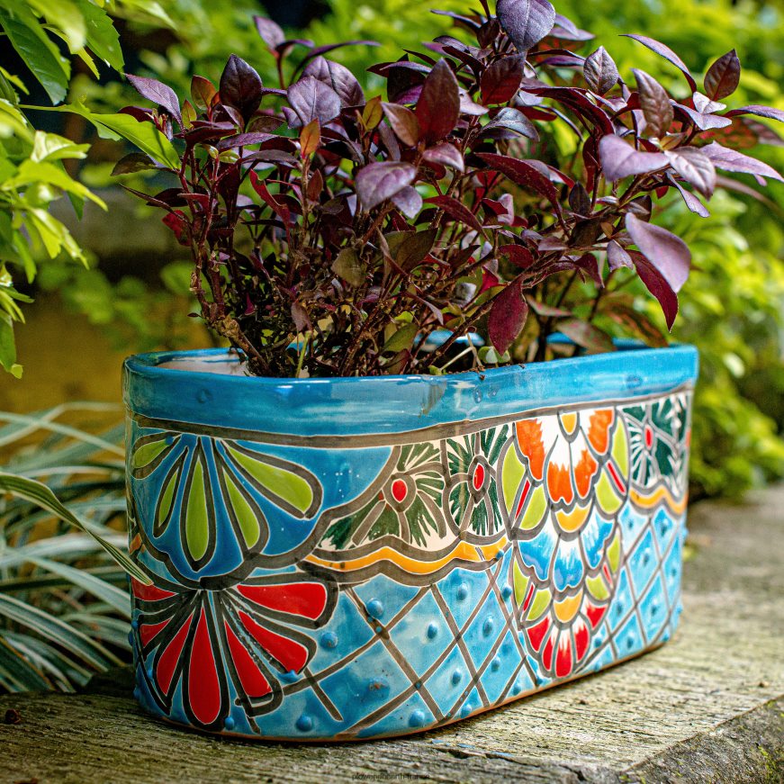 jardinière à rebord turquoise Talavera Plow & Hearth 8642F6934 cour et jardin