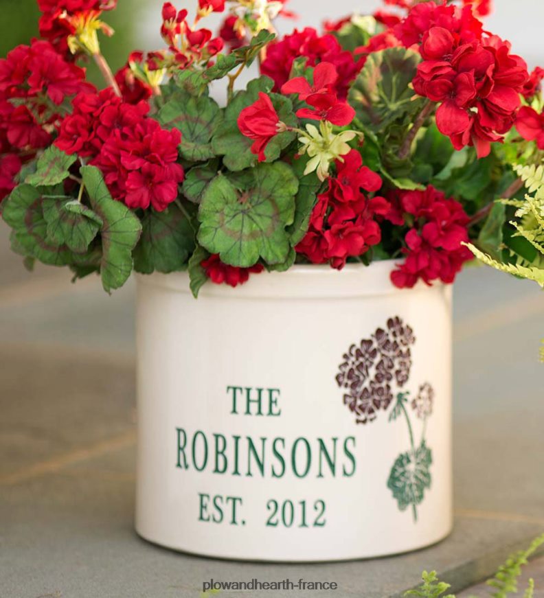 pot en grès personnalisé avec motif géranium Plow & Hearth 8642F6931 cour et jardin