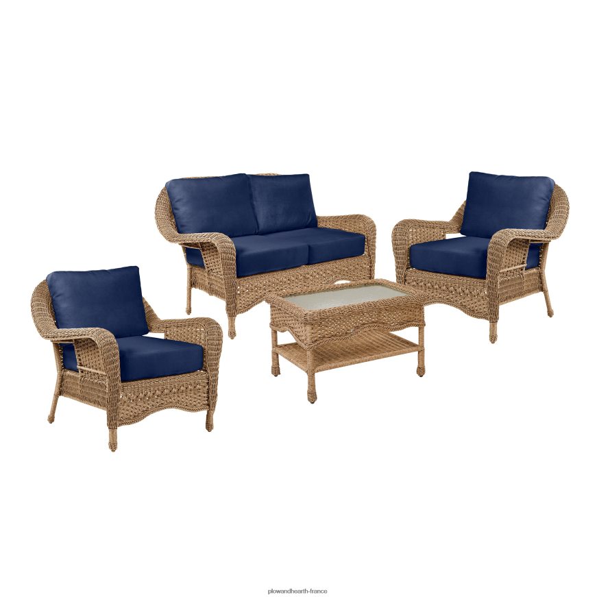 Prospect Hill - Ensemble de causeuse d'extérieur en osier avec sièges profonds et coussins - blanc nuage avec coussins bleu marine minuit Plow & Hearth 8642F63261 meubles