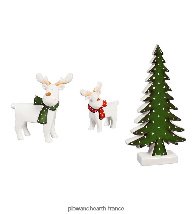 décor de table en céramique avec rennes et feuilles persistantes, ensemble de 3 Plow & Hearth 8642F62193 saisonniers et cadeaux