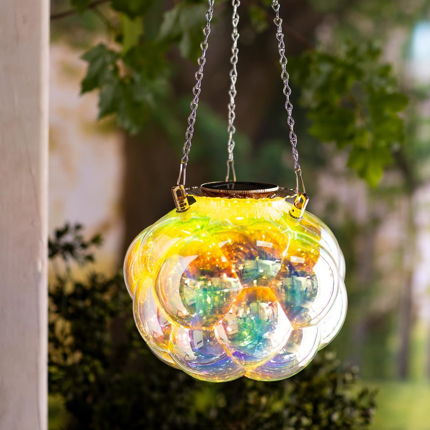 Lampe solaire en verre irisé à bulles suspendues avec 16 chaînes suspendues Plow & Hearth 8642F63153 saisonniers et cadeaux